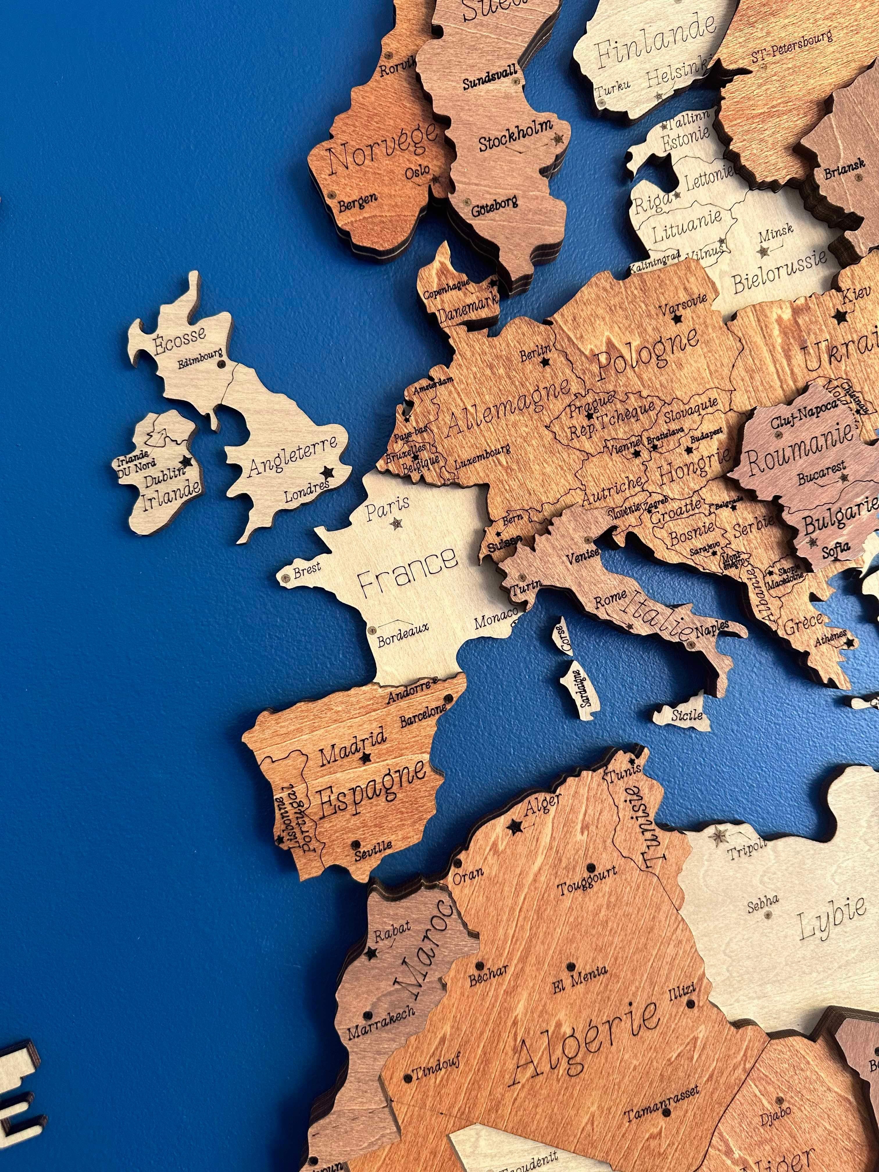 Carte du Monde Murale 3D en Bois – L’art du voyage sur vos murs - Fabriquée en France