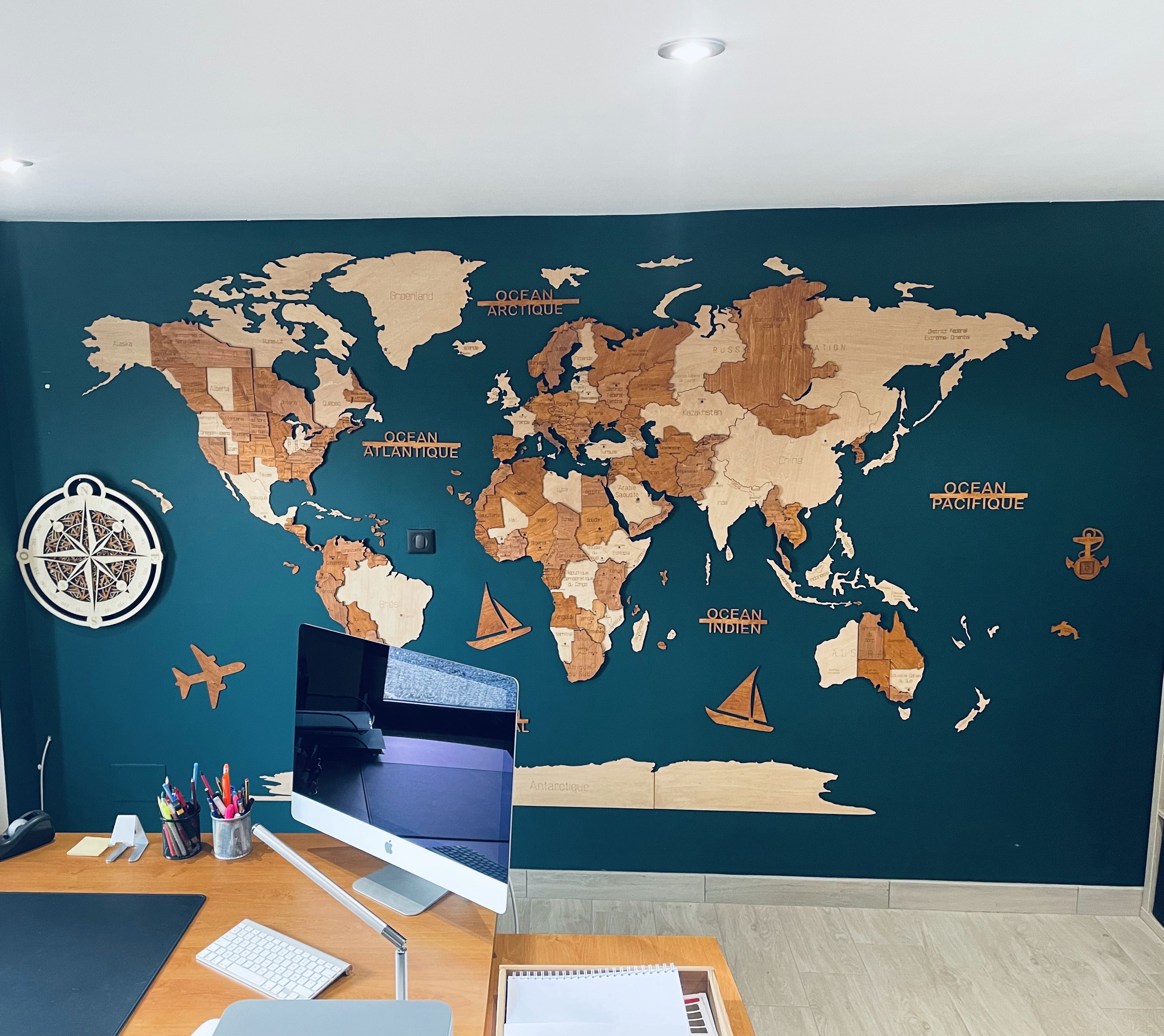 Géante carte du monde vintage XXL en bois avec 5x horloge murale