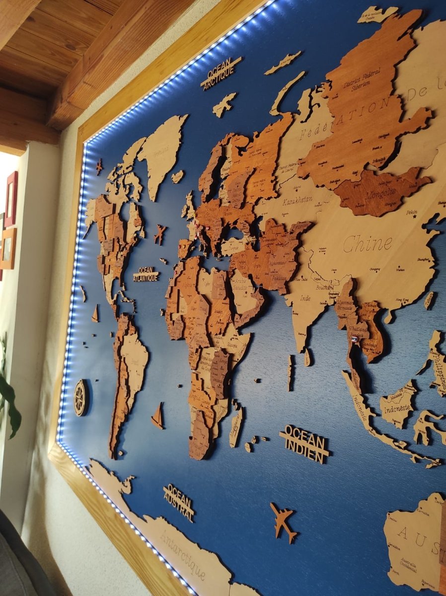 Carte du Monde Murale 3D en Bois – L’art du voyage sur vos murs - Fabriquée en France - Wood Work