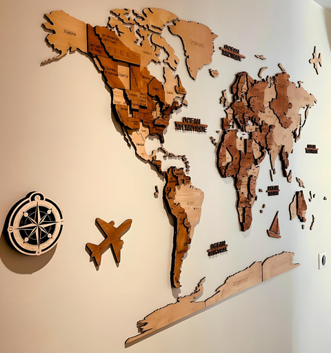 Carte du monde en bois avec effet 3D (200×100 CM) 68travel